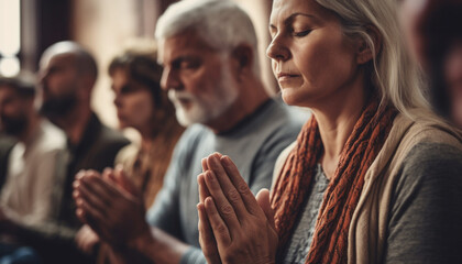 Mature adults meditating, hands clasped in spirituality generated by AI