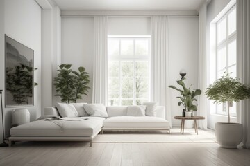 Naklejka na ściany i meble White minimalist room with sofa; Scandinavian 3D interior. Generative AI