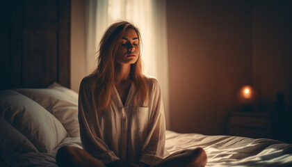 Fototapeta premium Young woman resting on comfortable hotel bed generated by AI