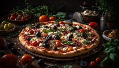 Freshly baked pizza on rustic wooden table generated by AI