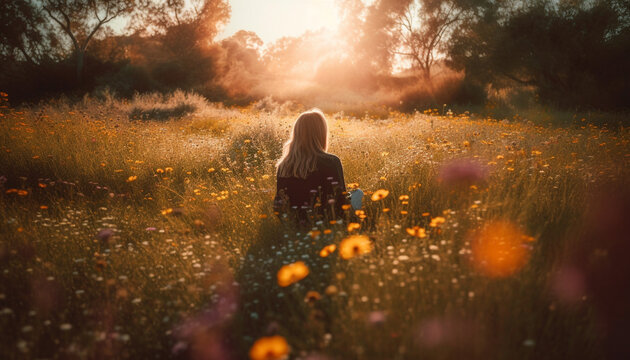 Caucasian Woman Sitting In Tranquil Meadow Enjoying Nature Generated By AI