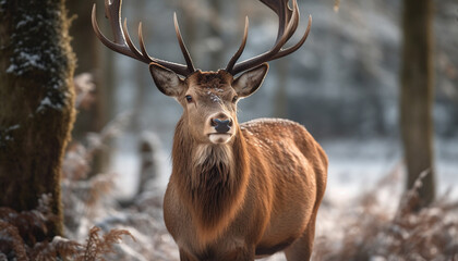 Horned stag in winter forest, close up portrait generative AI