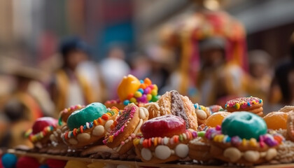 Fototapeta na wymiar Multi colored candy and chocolate cookies for celebration generative AI