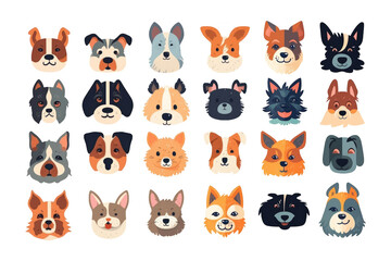 Cute dog head icon cartoon set in colorful flat illustration style on white background