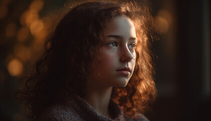 One young woman looking at camera outdoors generated by AI