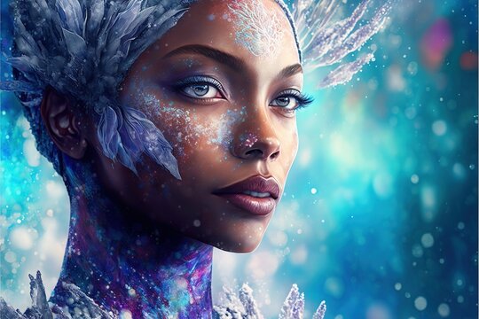 Fantasy winter goddess as spirit of northern pagan as a symbol of both beauty and power in magical design, African princess wrapped in a flowing gown of icy blue and white. Superb Generative AI