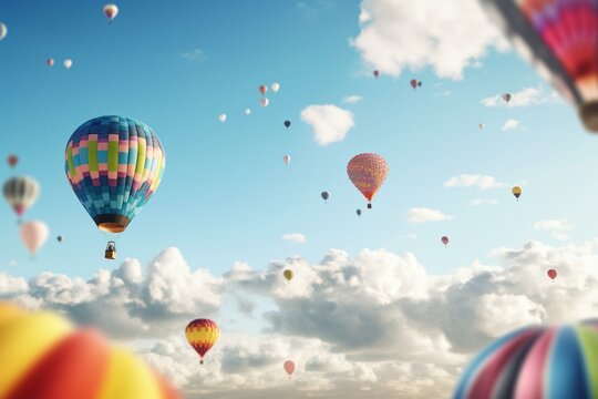 3D render of colorful air balloons flying amid white clouds against blue background. Fantasy theme. Generative AI
