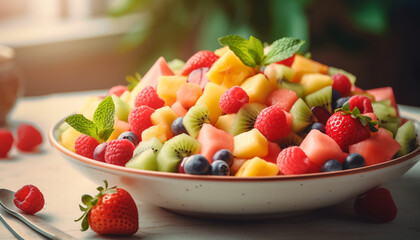 Fresh fruit salad with berries and yogurt generated by AI