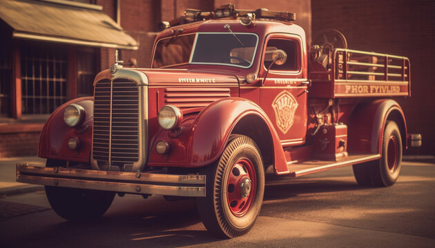 Vintage fire truck with shiny chrome grille generated by AI