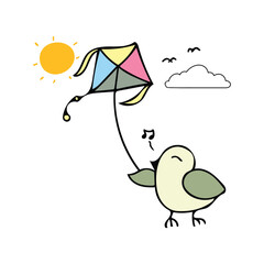 cute bird flying kite Cartoon Mascot Character Vector illustration color children cartoon clipart