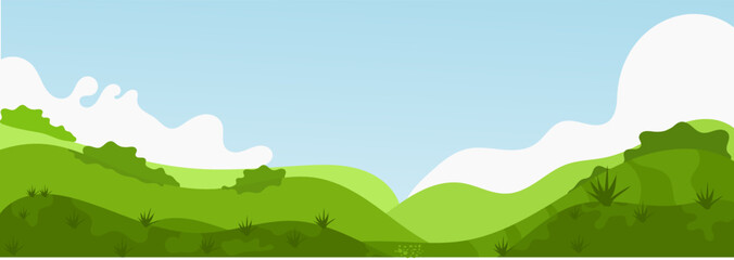 Obraz premium Vector illustration of beautiful summer fields landscape with a dawn, green hills, bright color blue sky, country background in flat cartoon style banner.