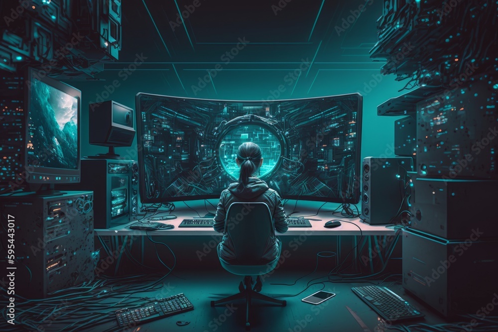 Poster hacker in a dark room with computers and screens. generative ai illustration
