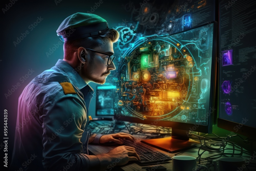 Poster cyber security concept with a man in a military uniform sitting in front of a computer monitor and u