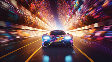 Sports Car On Neon Highway. Powerful acceleration of a supercar with colorful lights and trails. generative AI.