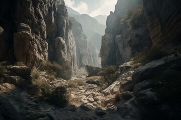 A vast chasm environment with high cliffs and deep valleys. Generative AI