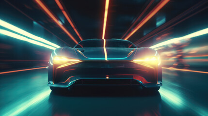 Sports Car On Neon Highway. Powerful acceleration of a supercar with colorful lights and trails. generative AI.