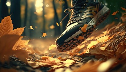 Shoe kicking up leaves on a forest path