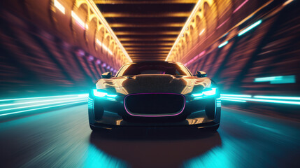 Sports Car On Neon Highway. Powerful acceleration of a supercar with colorful lights and trails. generative AI.