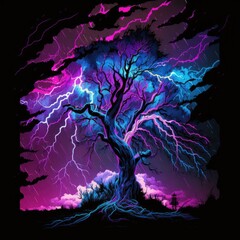 Backlight tree being struck by lightning in a storm