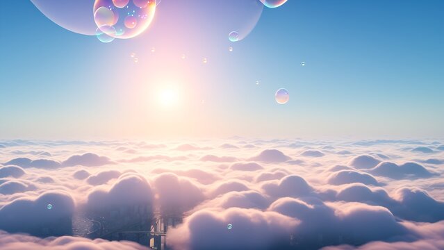 A Wonderful View Of A City Surrounded By Clouds And Bubbles AI Generative