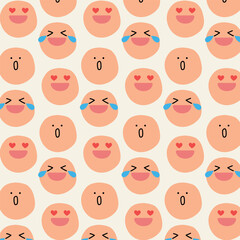 seamless pattern with funny face cartoon, Happy face cartoon with red hearts background, Cute cartoon pattern.
