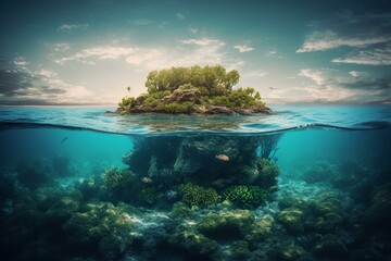 Boundary between island and coral reef surrounded by water. Inspired by nature. Generative AI
