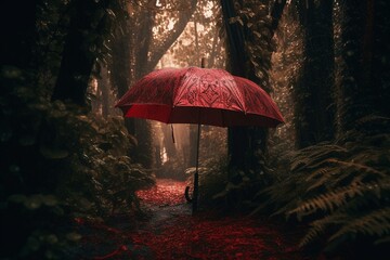 A crimson canopy used as a rain shelter. Generative AI