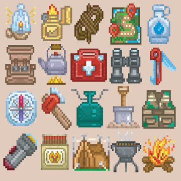 Camping pixel art,pixel art package, 8 bit pixel art format, editable vectors.