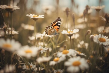 A butterfly soaring amid a field of daisies with some in the foreground. Generative AI