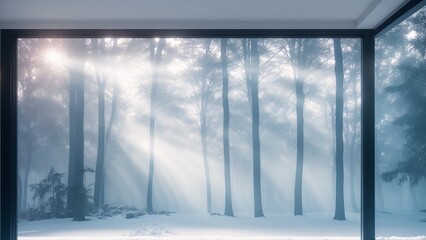A Wonderful View Of A Snowy Forest Through A Window With A Bench AI Generative