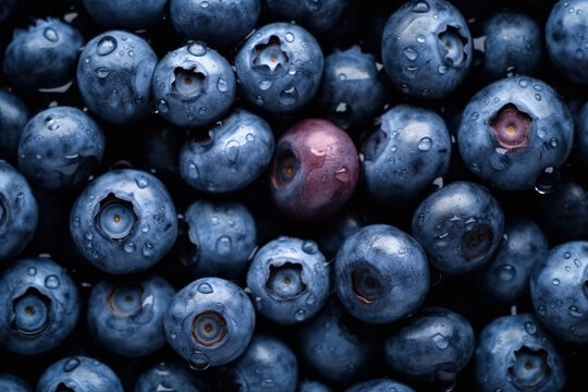 Blueberry berries close up, texture. Summer, vitamin, vegetarian, vegan, healthy food concept. Fresh blueberries with water drops background. AI generated image