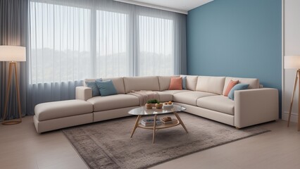 A Vivid Living Room With A Sectional Couch And A Coffee Table AI Generative