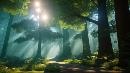 An Interesting Picture Of A Path In A Forest With Sun Shining Through The Trees AI Generative