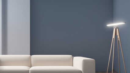 A Compelling White Couch In A Blue Room With A Floor Lamp AI Generative