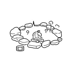 温泉　岩風呂のイラスト（線画）