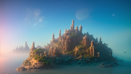 Fototapeta na wymiar An Intriguing Digital Painting Of A Castle On A Small Island AI Generative