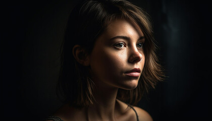 Beautiful woman with brown hair exudes elegance generated by AI