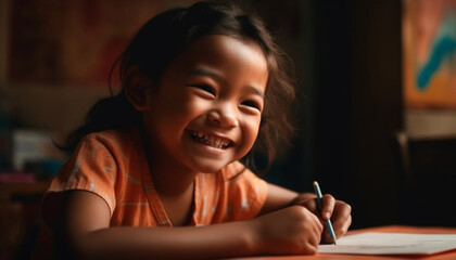 Fototapeta na wymiar Smiling child studying at small table indoors generated by AI