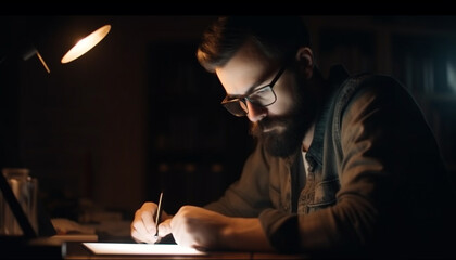 Bearded businessman sitting at desk, working late generated by AI