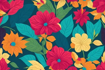 Fototapeten Seamless flower and leaf patterns, rainbow theme, repeating patterns, fabric design, flat illustration, highly detailed clean, vector image, photorealistic masterpiece, generative AI © JBazte