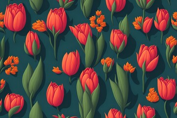 Fototapeta na wymiar Seamless flower and leaf patterns, tulips theme, repeating patterns, fabric design, flat illustration, highly detailed clean, vector image, photorealistic masterpiece, generative AI