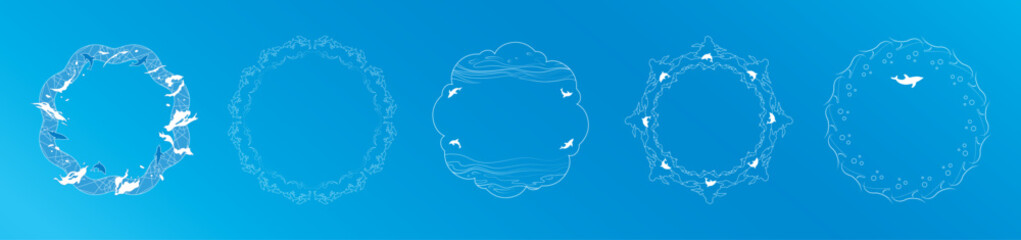 素材_フレームのセット_イルカをモチーフにした飾り枠。シンプルで高級感のある夏のイメージ。字無