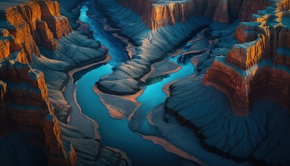 Serenity: A breathtaking aerial view of the tranquil Canyon Evening during the serene hours, with a touch of fantasy, creating the perfect background wallpaper for your devices Generative AI