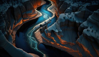 Fantasy meets serenity in this beautiful aerial Canyon Midnight view featuring the tranquil hours, perfect as a background wallpaper for your devices Generative AI