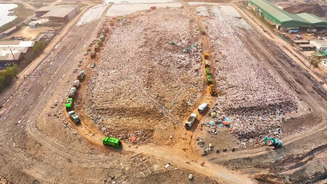 Garbage piles are cleared using excavators to load waste onto trucks. The trucks transport the waste to landfills or recycling facilities. Excavator-truck combination is essential in waste management
