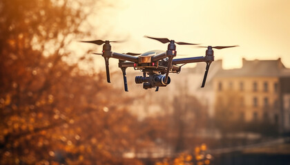 Fototapeta na wymiar Hovering drone captures cityscape at sunset sunlight generated by AI