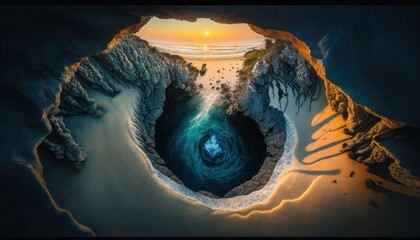 A breathtaking aerial view of the Cave Sunset captured during the serene hours, with a touch of fantasy, making it the perfect background wallpaper for your devices Generative AI