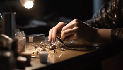 Craftsperson holding work tool, making jewelry indoors generated by AI