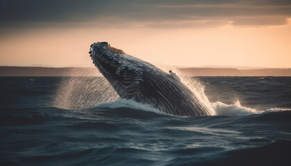 Fototapeta premium Majestic humpback whale breaching in sunset sea generated by AI