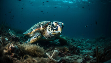 Fototapeta premium Green sea turtle swimming in tropical reef generated by AI